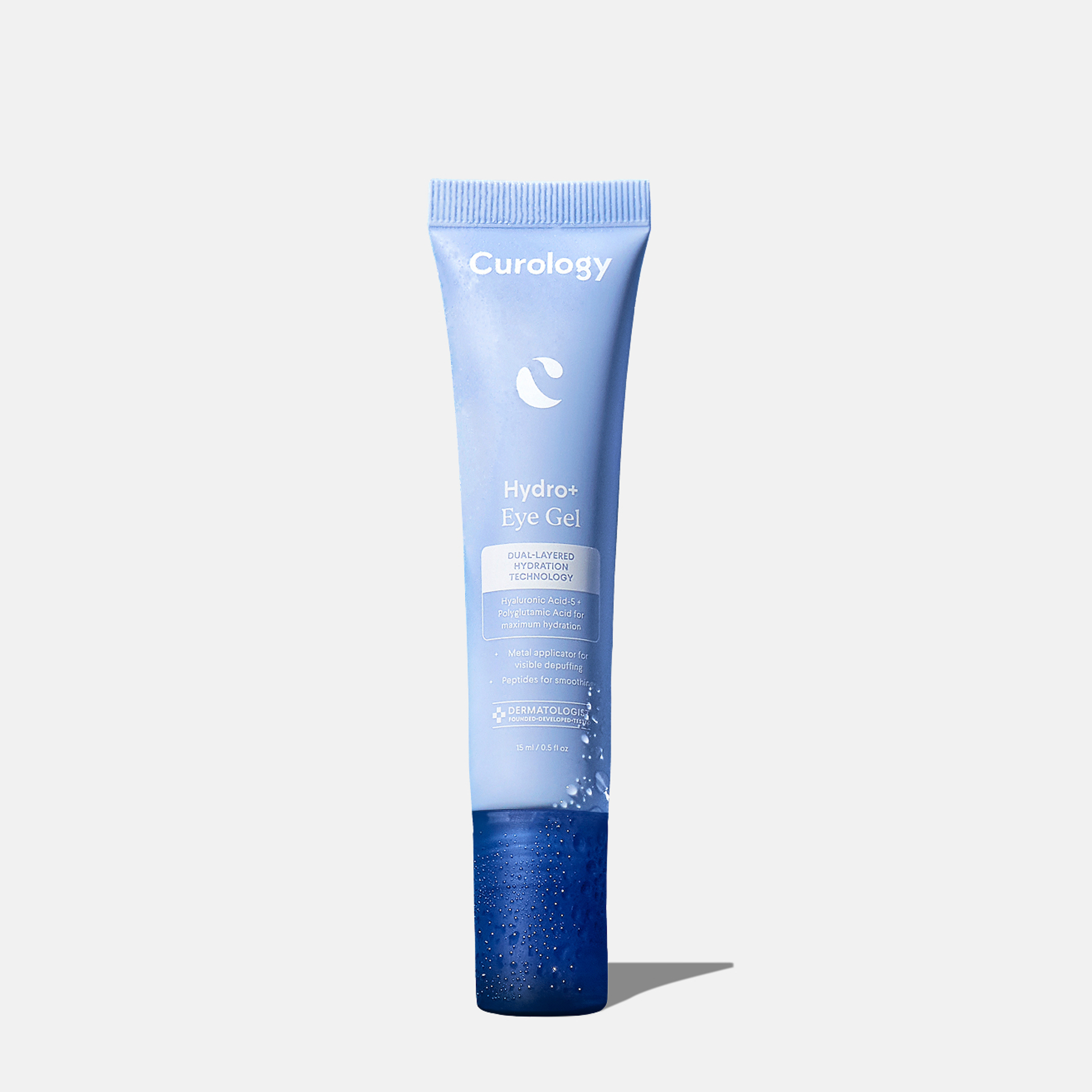 Curology Hydro+ Eye Gel in a light blue squeeze tube with metal applicator tip, featuring dual-layered hydration technology for under-eye hydration and depuffing.