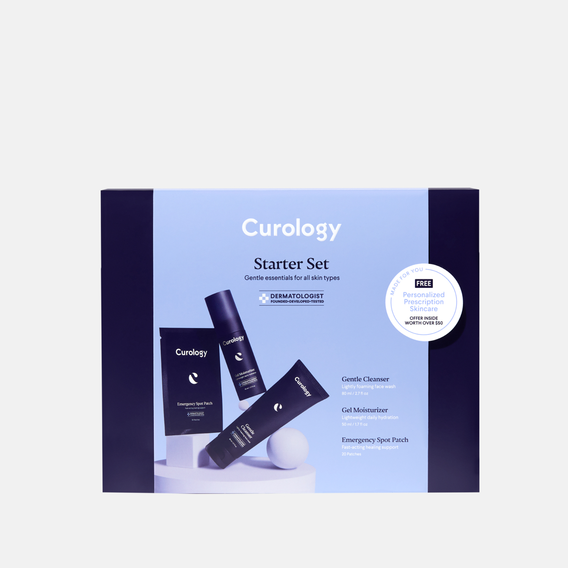 Curology Starter Set box featuring Gentle Cleanser, Gel Moisturizer, and Emergency Spot Patch, labeled ‘Gentle essentials for all skin types,’ with a badge offering a free personalized prescription skincare inside.