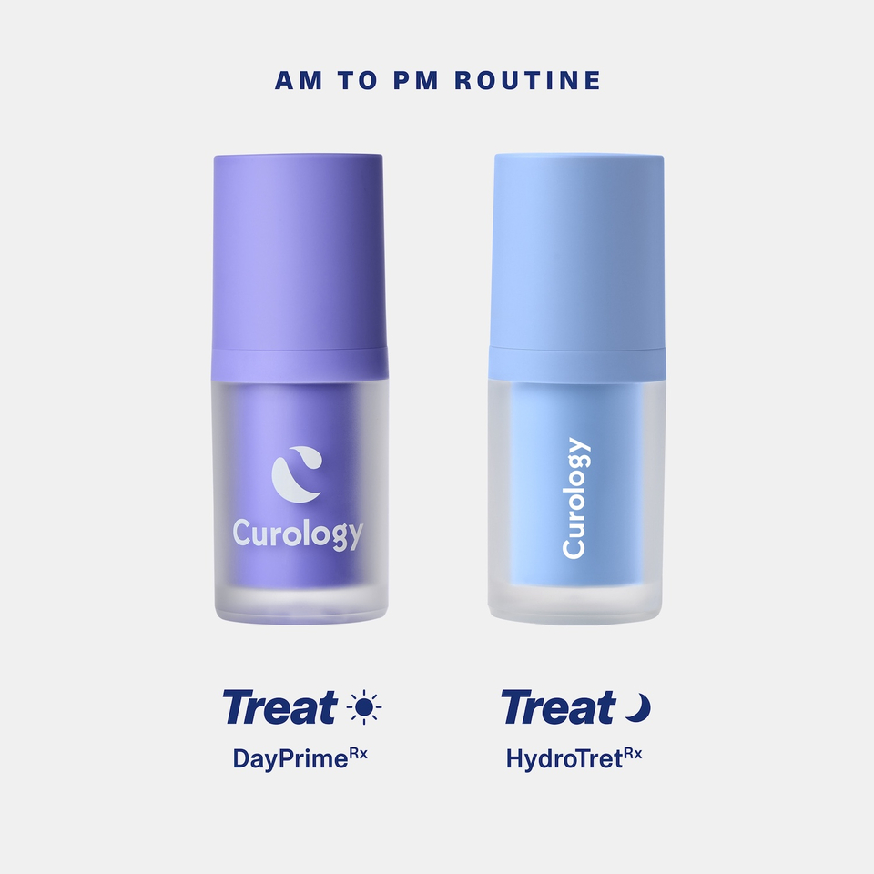 AM to PM: Routine graphic showing Curology DayPrime Rx for daytime treatment and Curology HydroTret Rx for nighttime treatment