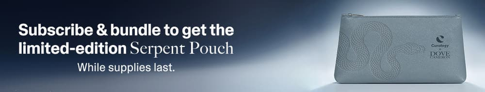 Horizontal sign-up flow banner with the offer "Subscribe & bundle to get the limited-edition Serpent Pouch — while supplies last," alongside a grey textured zip pouch with an embossed serpent design on a dark blue gradient.